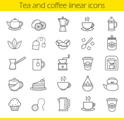 Tea and coffee linear icons set