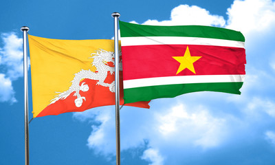 Bhutan flag with Suriname flag, 3D rendering