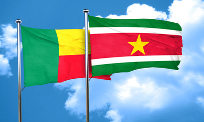 Benin flag with Suriname flag, 3D rendering