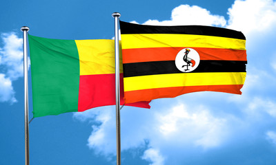 Benin flag with Uganda flag, 3D rendering