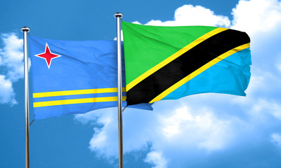 aruba flag with Tanzania flag, 3D rendering