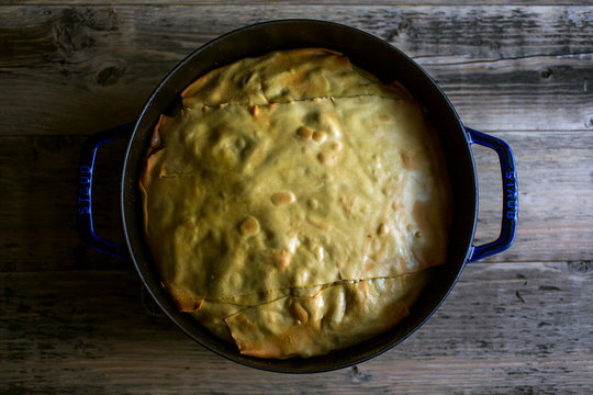 Timpano in a pan, from above