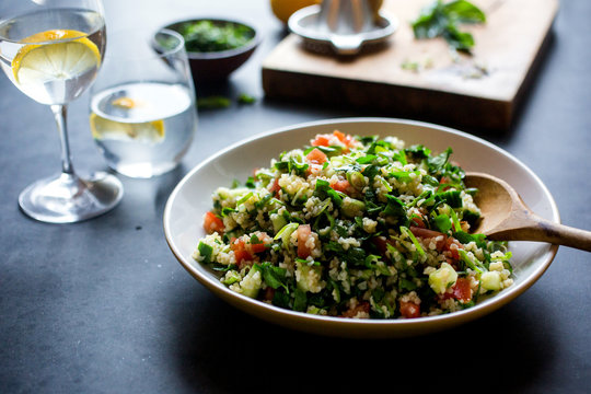 Green garlic tabbouleh in bowl