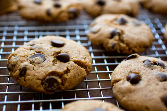 Freshly baked chocolate chip cookies on cooling rack