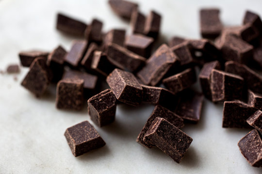 Dark chocolate pieces, close up