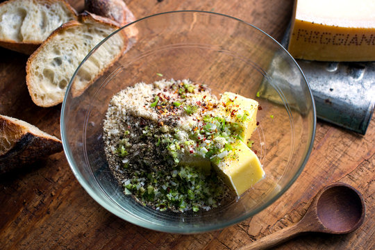 Green garlic pate ingredients in bowl