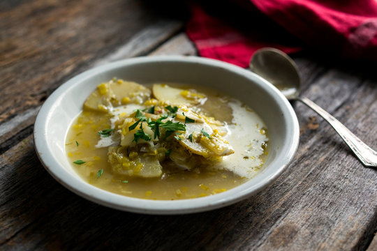 Leek and potato soup in bowl