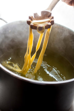 Freshly made pasta on spoon