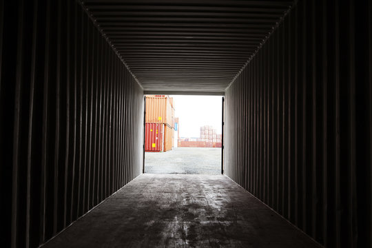 View of open cargo container from inside