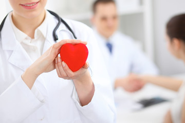 Female doctor with stethoscope holding heart.  Doctor and patient sitting in the background
