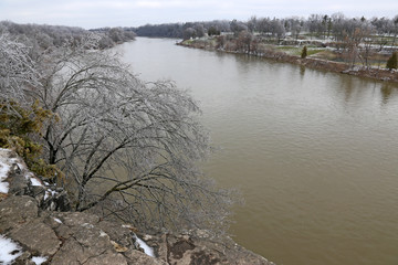 The Grand River in Cambridge, Ontario, Canada, shot after an ice storm that coated trees in ice.