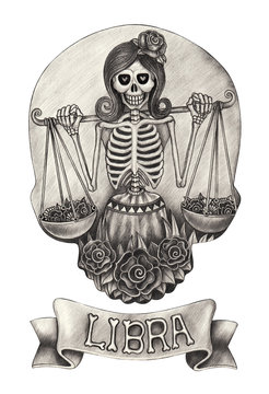 Zodiac Skull Libra.Hand pencil drawing on paper.