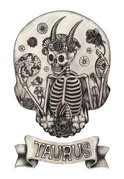 Zodiac Skull Taurus.Hand pencil drawing on paper.
