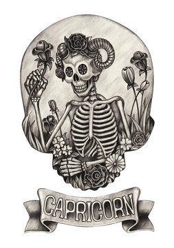 Zodiac Skull Capricorn.Hand pencil drawing on paper.