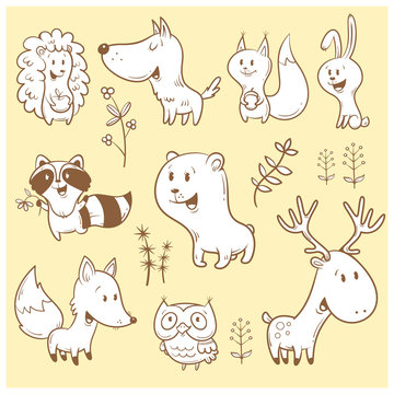 Cute cartoon forest animals set. Funny fox, wolf, squirrel, hare, raccoon, owl and deer. Different plants. Vector contour image, white  fill. Children's illustration.