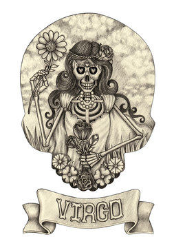 Zodiac Skull Virgo.Hand pencil drawing on paper.