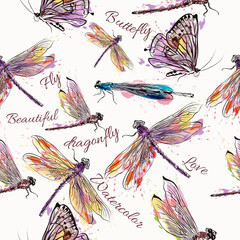 Fashion vector seamless pattern with pastel dragonfly and butter