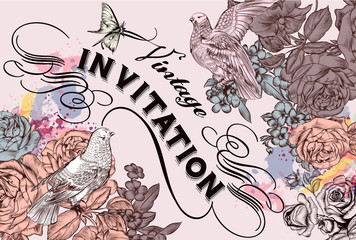Fototapeta premium Vector illustration with pigeons and flowers