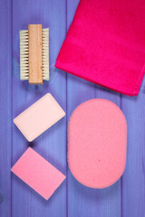 Accessories and cosmetics for personal hygiene in bathroom, concept of body care
