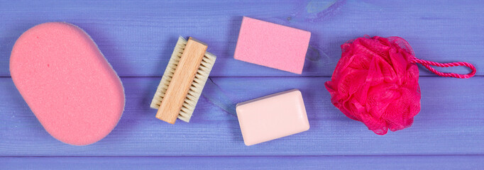 Accessories and cosmetics for personal hygiene in bathroom, concept of body care