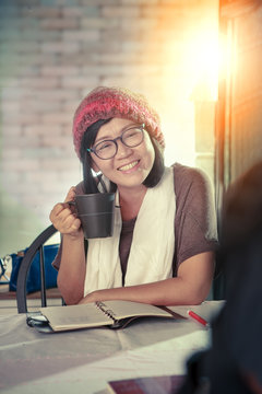 Asian Woman And Coffee Cup In Hand Happiness Emotion