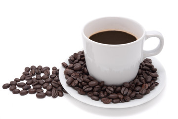 Coffee cup and beans isolate on white background