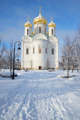 Fototapeta na wymiar View of the Cathedral of St. Catherine the great Martyr, sunny february day. Tsarskoye Selo, Russia