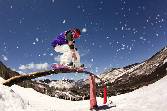 Snowboarder doing 50-50 slide on tree