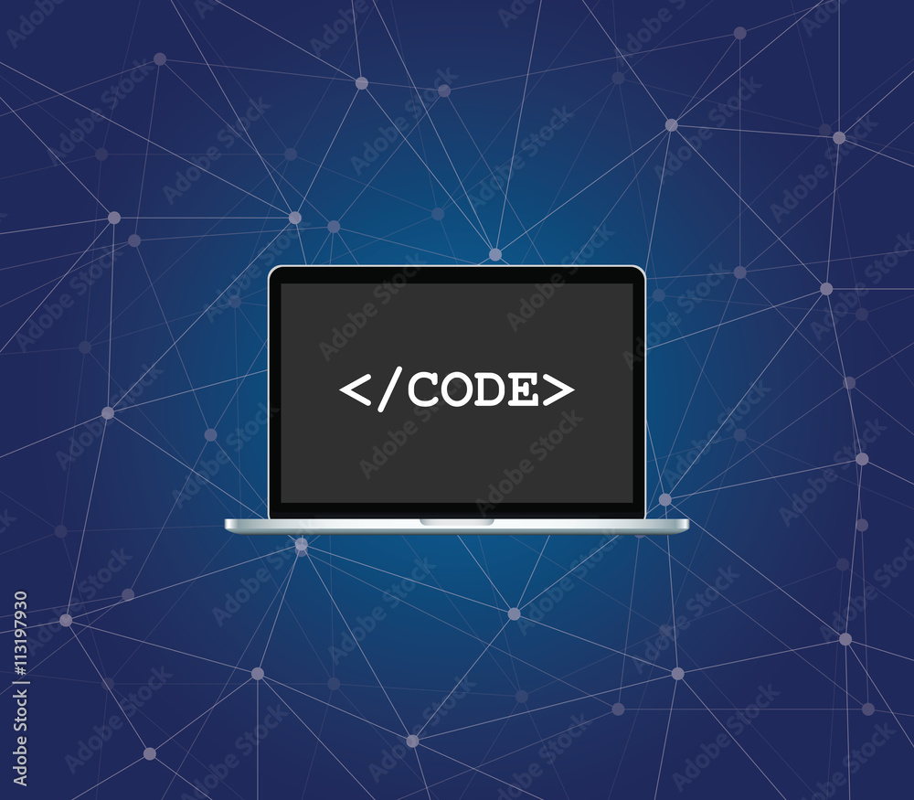 Wall mural code icon on screen of the laptop with blue background dot connected vector graphic