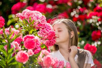 Fototapeta premium Beautiful girl standing in the park of roses.