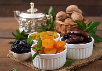 Mix dried fruits (date palm fruits, prunes, dried apricots, raisins) and nuts. Ramadan (Ramazan) food.