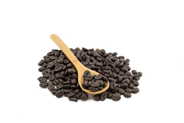 Wooden spoon and coffee beans isolate on white background