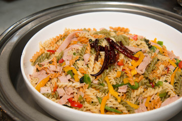 Delicious food of macaroni  fried with ham