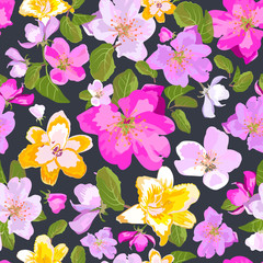 Seamless floral  background. Isolated red, yellow flowers hand d