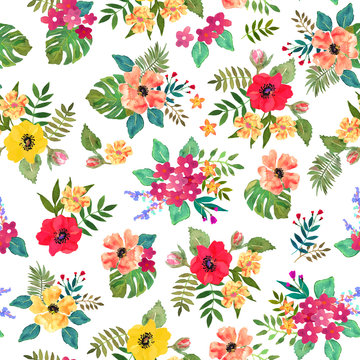Seamless floral  background. Isolated colorful flowers and leave