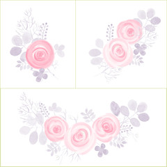 Hand Drawn cute Roses and Leaf composition for your design. Can be used for birthday card, wedding invitations or page decoration. Isolated on white background.