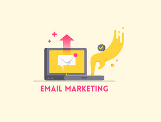 Email marketing icon concept. Laptop with hand sending a letter. Vector flat illustration.