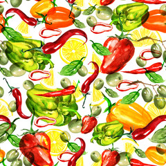      Vintage pattern on the vegetable theme. Completed in watercolors on white background. Vegetables - olives, peppers, onions, hot peppers, sweet peppers, lettuce. 
