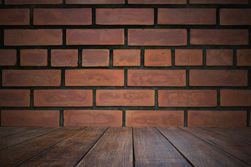 Background of brick wall and wooden planks with empty