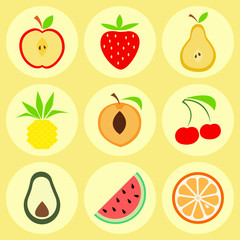 Flat fruit icons, The set of icons with fruits and berries, flat design