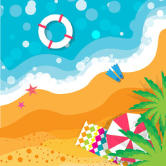 Fototapeta na wymiar Top view Summer vacation. Beach rest. Time to travel. Sea, waves, sand and umbrella, palm. Vector design background and objects illustrations
