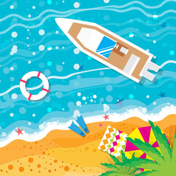 Top view motor yacht.  Beach rest.  Summer vacation. Time to travel. Sea, waves, sand and umbrella, palm. Vector design background and objects illustrations