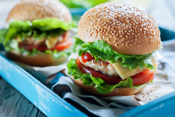 Traditional Hamburgers Fast Food Blue Tray Table