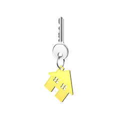 Silver key with house shape keyring, 3D rendering