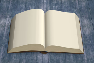 Front view opening book on vintage wooden background, 3D renderi