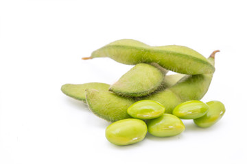 Green soybeans on white background