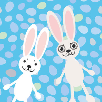 Happy Easter rabbits on blue background card design. vector