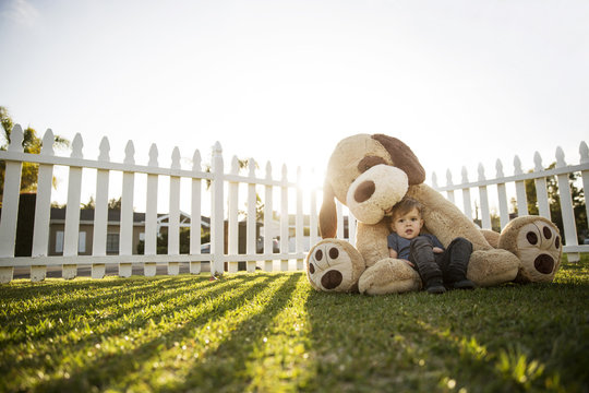 Portrait of cute boy with stuffed toy sitting at backyard