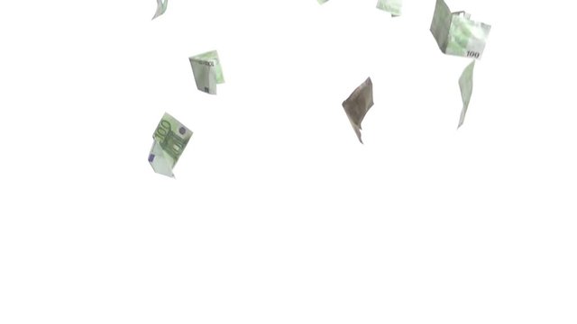 euros bills banknotes  fall from above on white background super slow  motion high speed camera money rain