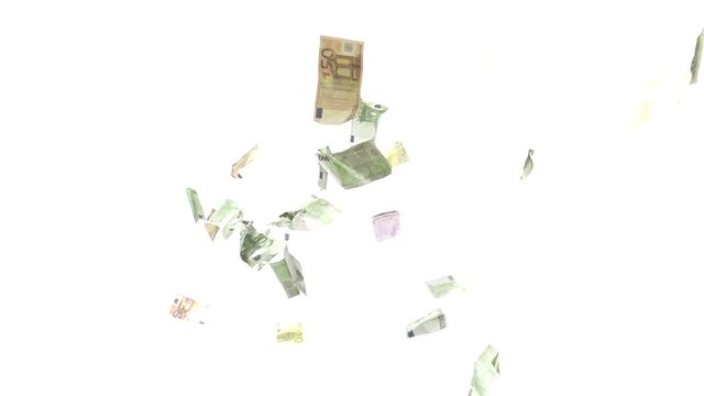 Money rain of euros bills banknotes  fall from above on white background super slowmotion high speed camera
